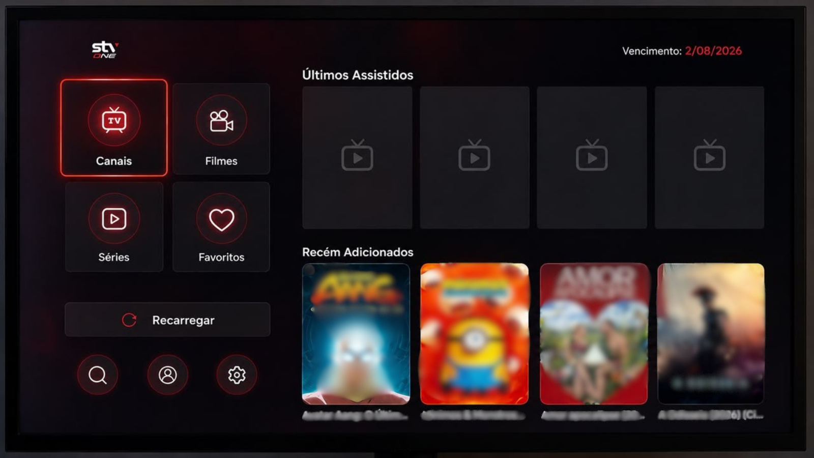 Aplicativo IPTV vermelho para Roku com login e senha, canais, filmes, séries e favoritos